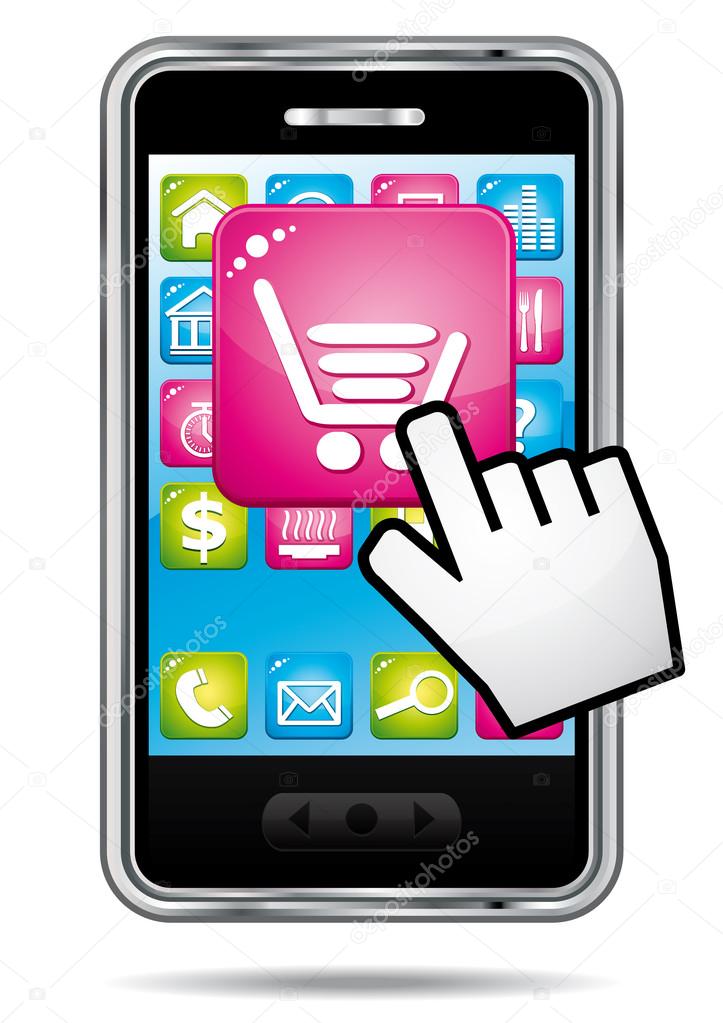 Smartphone with e-commerce opening application. Vector icon.