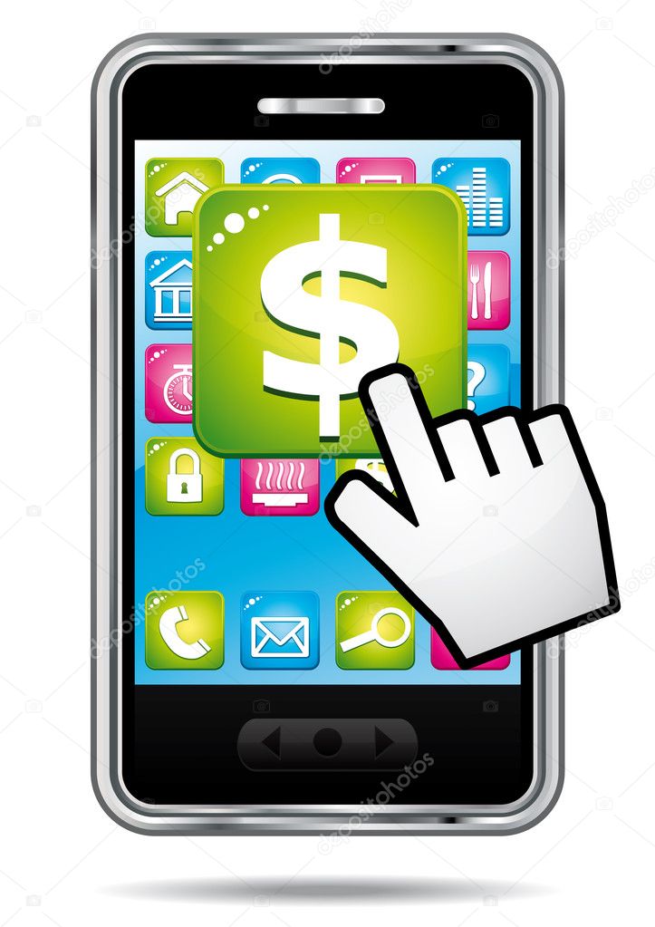 Smartphone with hand cursor opening banking application in dollars.
