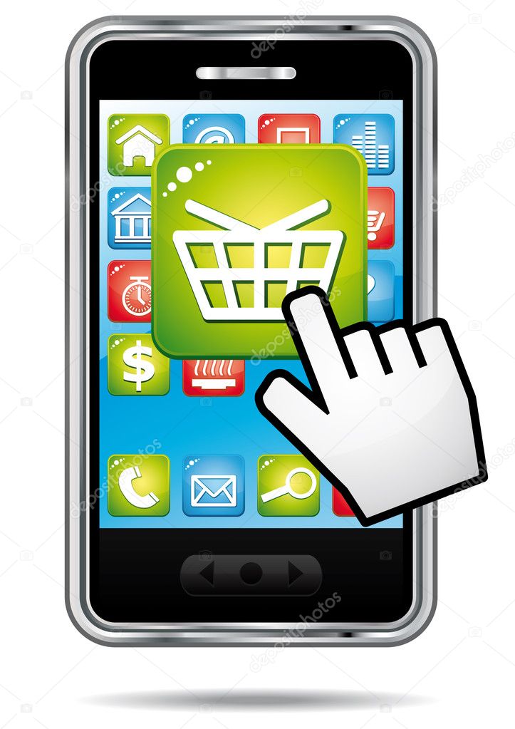 E-commerce shopping cart app on a smartphone. Vector icon.