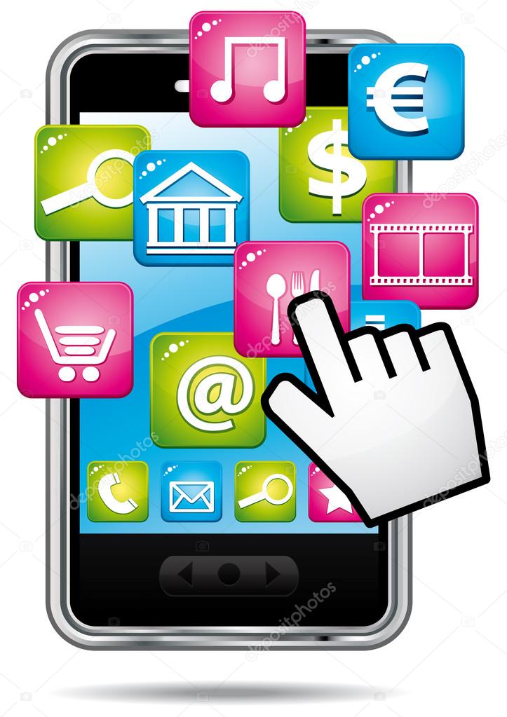 Smartphone with cloud of applications and hand cursor. Vector icon.