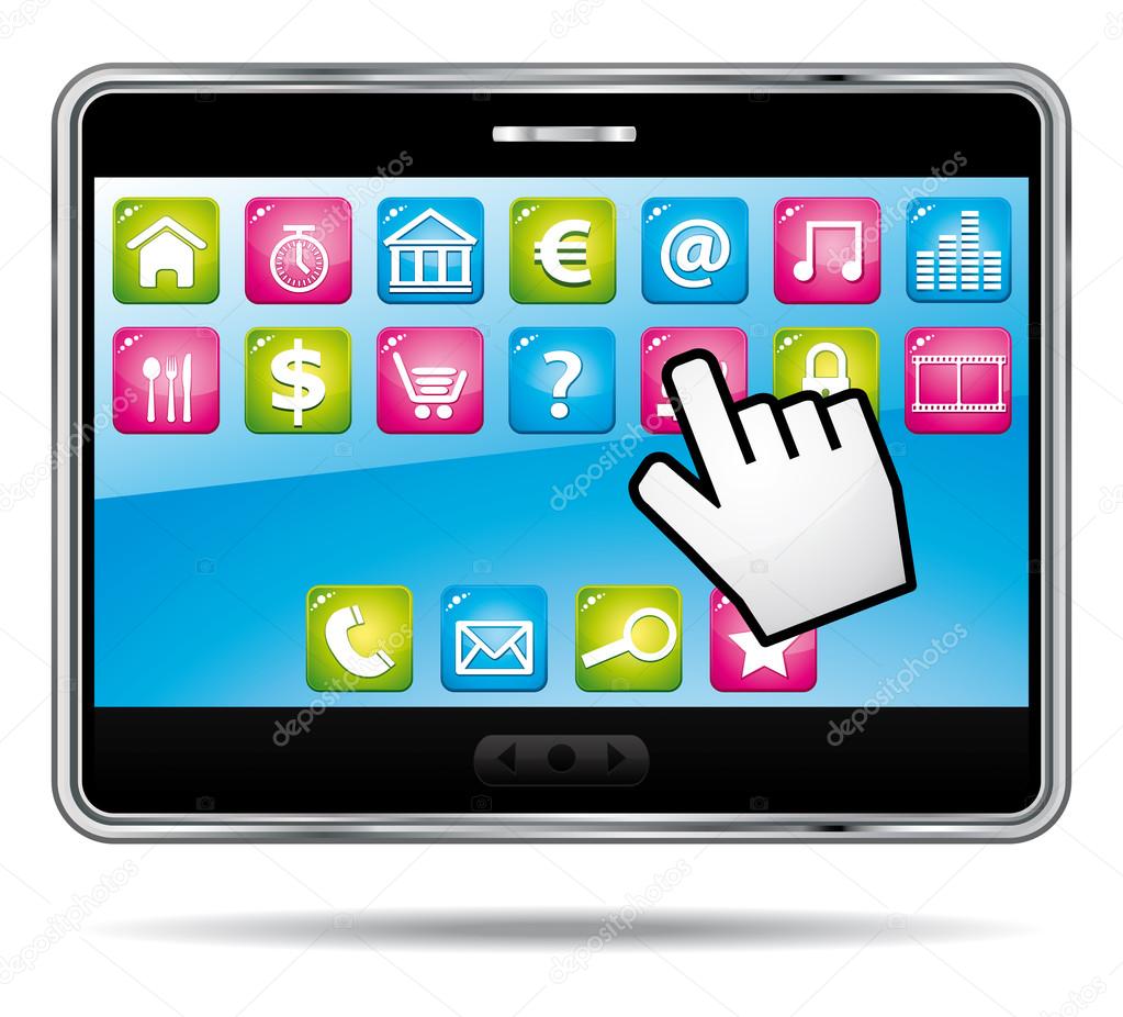 Digital tablet with apps and hand cursor. Vector icon.