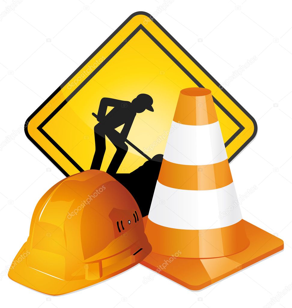 Under construction sign, hardhat and traffic cone. Vector icons.