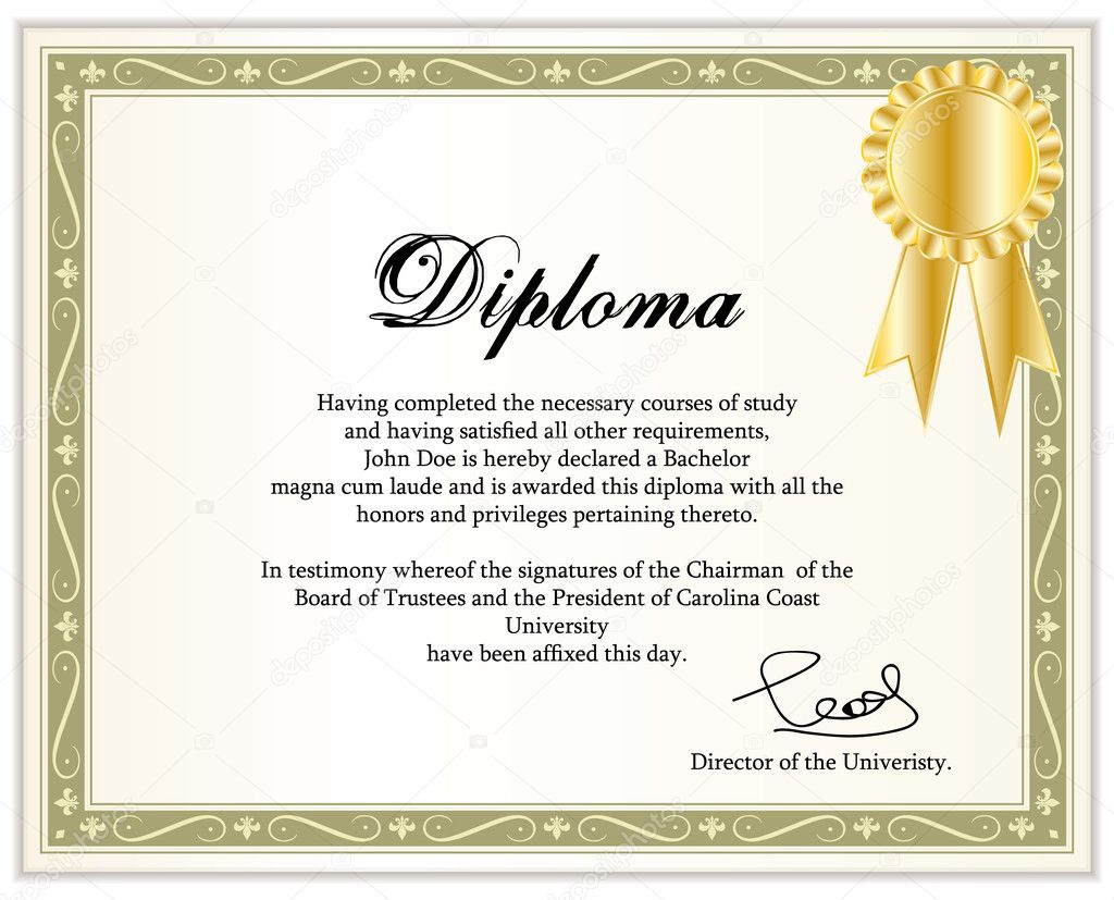 Vintage frame, certificate or diploma template with golden award ribbon. Vector illustration.