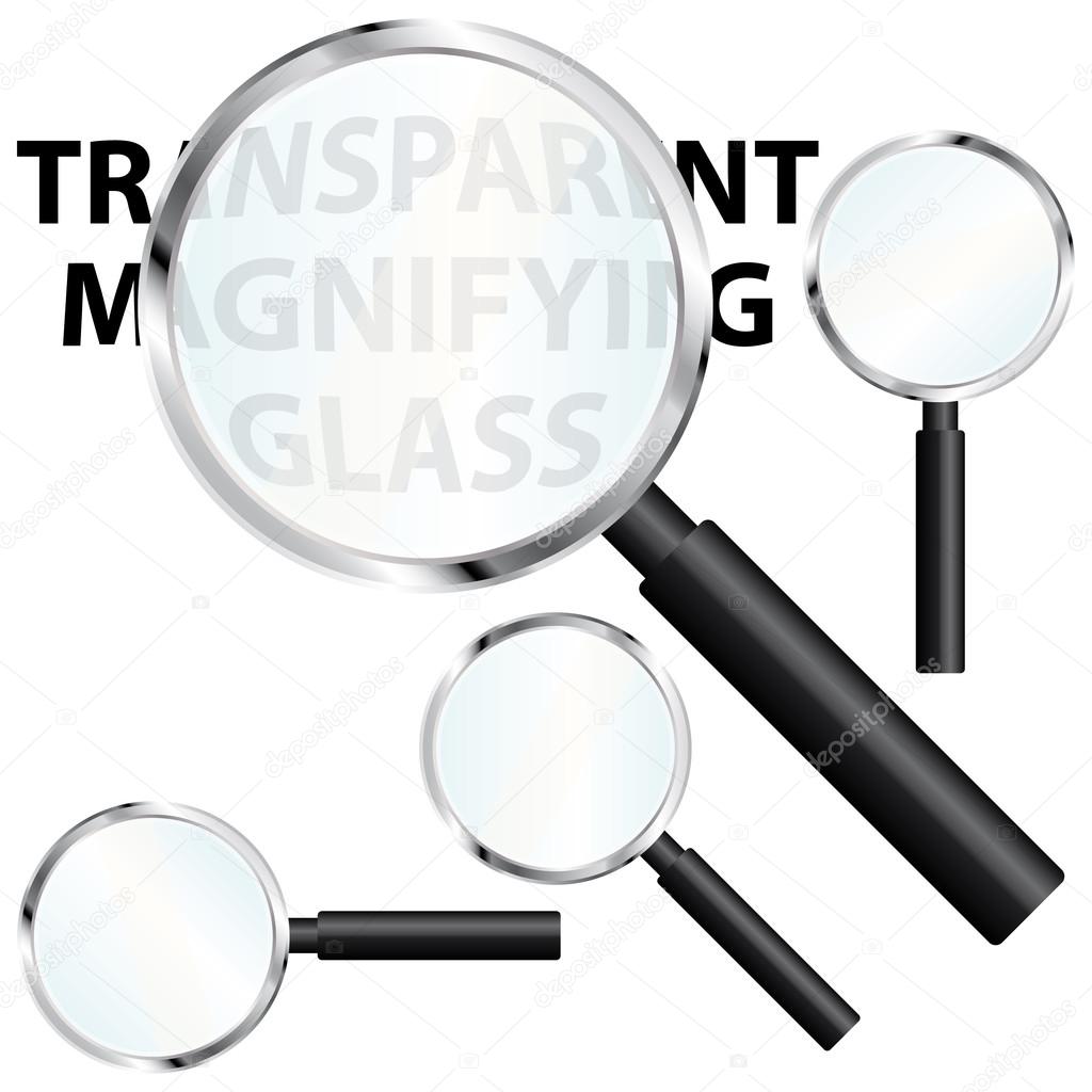 Magnifier tools with transparent glasses. Vector icons set.