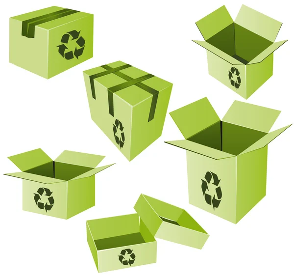 Cajas de cartón verde con vector de signo de reciclaje — Vector de stock