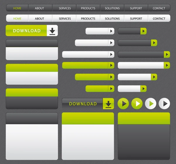 Botones del sitio web, cajas y barra de navegación. Conjunto verde y gris . — Archivo Imágenes Vectoriales