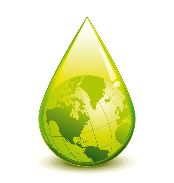水危机。绿色矢量液滴与世界 — 图库矢量图片
