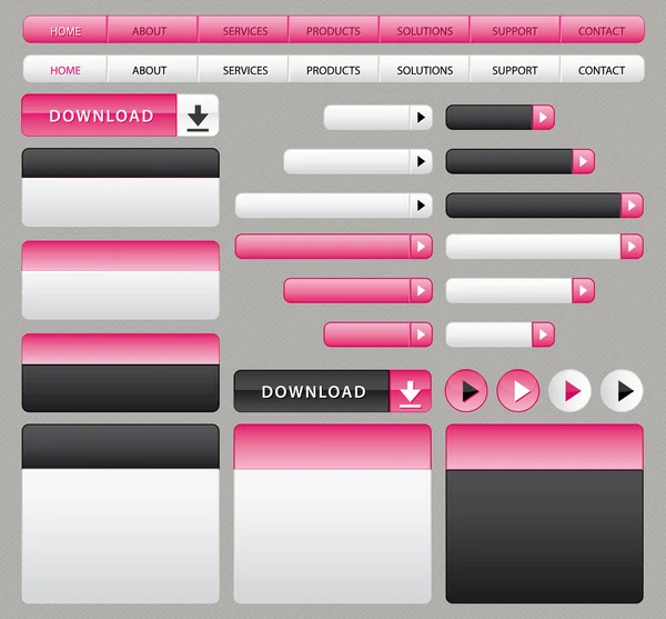 Botones del sitio web, cajas y barra de navegación. Conjunto rosa y gris . — Vector de stock