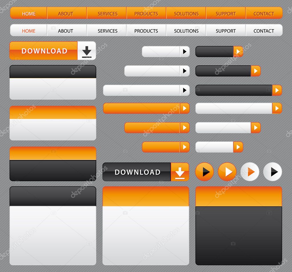 Website buttons, boxes and navigation bar. Orange and grey set.