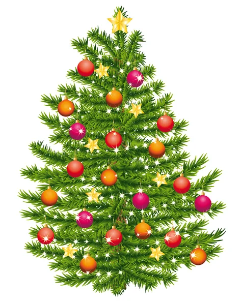 Kerstboom die versierd met warm gekleurde ornamenten. — Stockvector