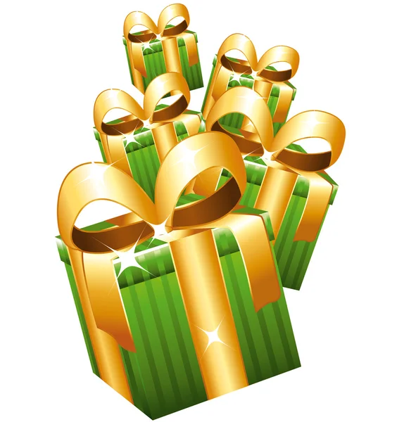 Πράσινα δώρα με lage χρυσά τόξα που υπάγονται. — Διανυσματικό Αρχείο