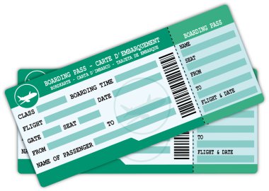 Two Boarding passes. Green and blue flight coupons.