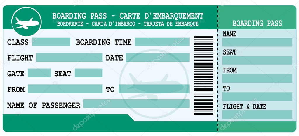 Boarding pass. Green and blue flight coupon.