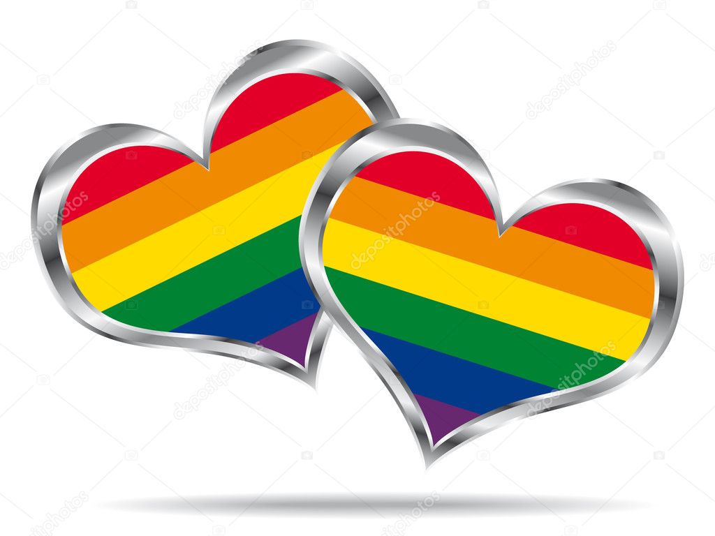 Two hearts with lgbt flag. Vector icon.