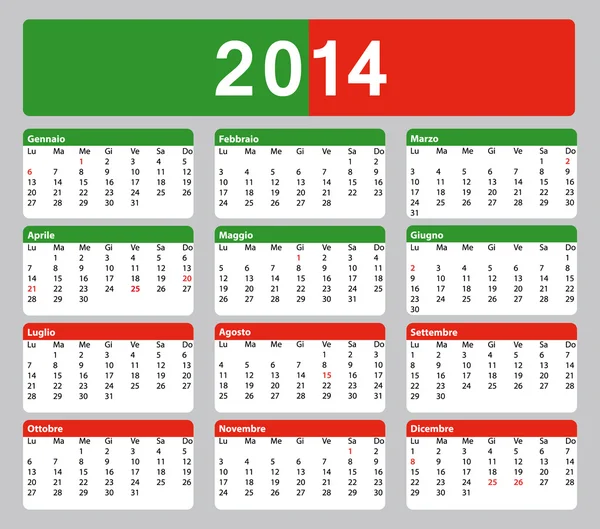 Calendario italiano imprimible 2014. Días festivos . — Archivo Imágenes Vectoriales