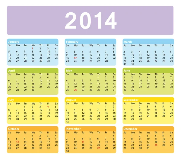 Calendrier américain 2014 aux couleurs pastel saisonnières. Jours fériés. Facile à imprimer et à modifier . — Image vectorielle