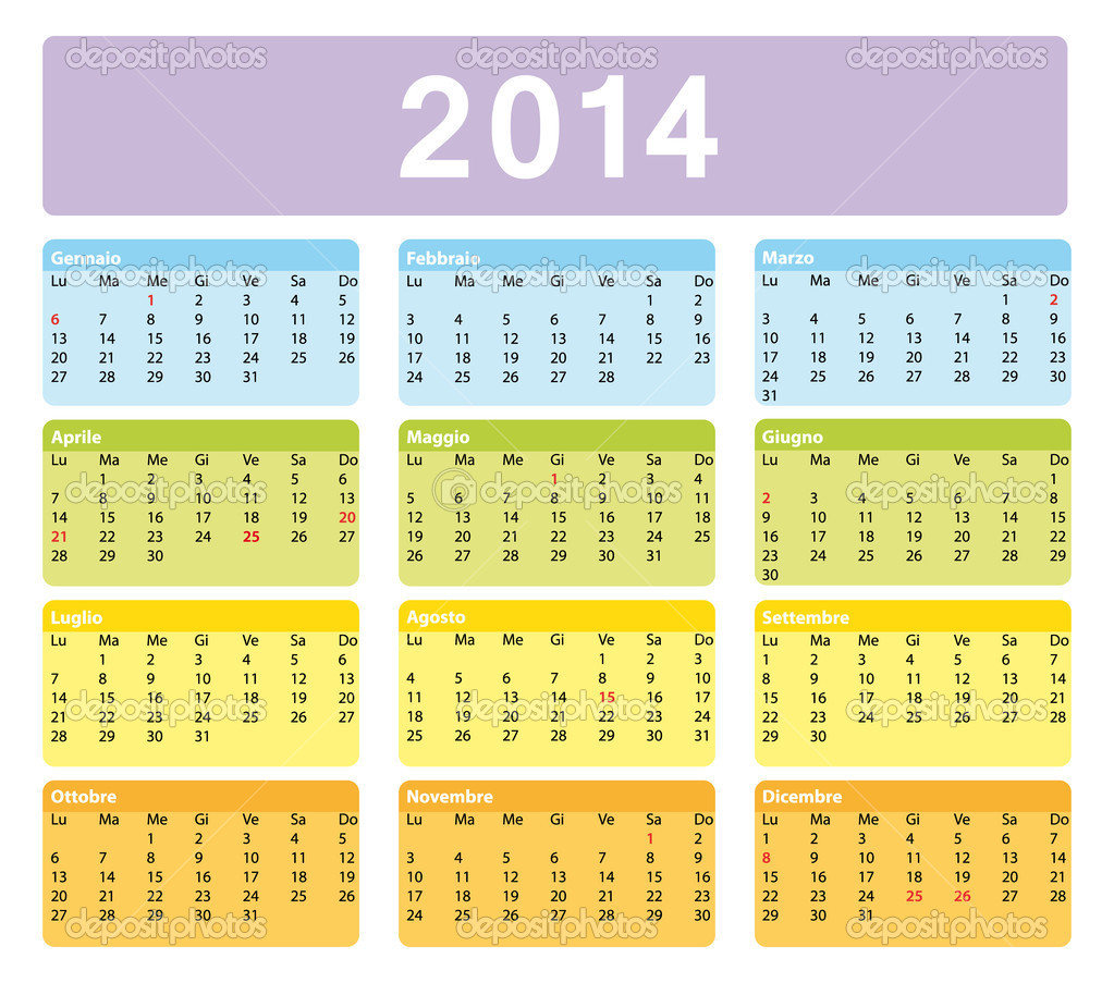 2014 seasonal Italian Calendar. Public holidays. Stock Vector by  ©Albachiaraa 30304291, image size:1023x903