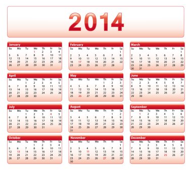 Kırmızı 2014 takvim. Resmi tatil günleri ile Amerikan versiyonu.