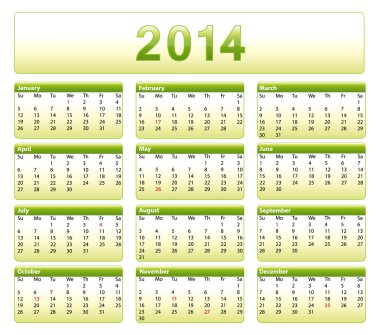 Yeşil 2014 takvim. resmi tatil günleri ile Amerikan versiyonu.