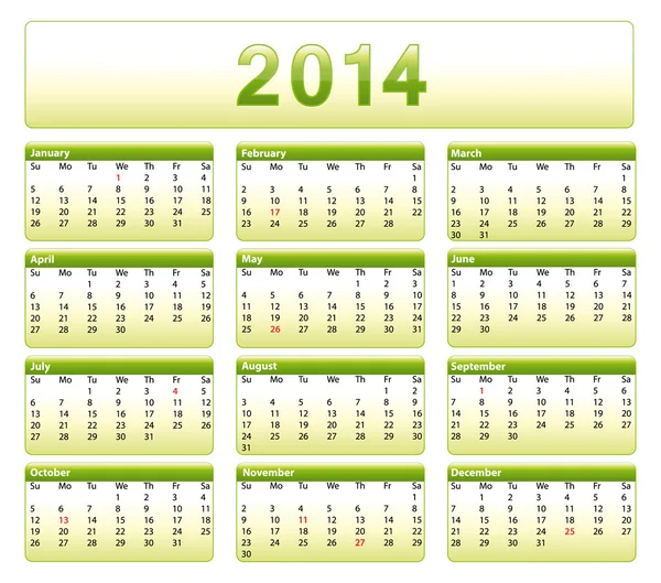 Groene 2014 kalender. Amerikaanse versie met feestdagen. — Stockvector