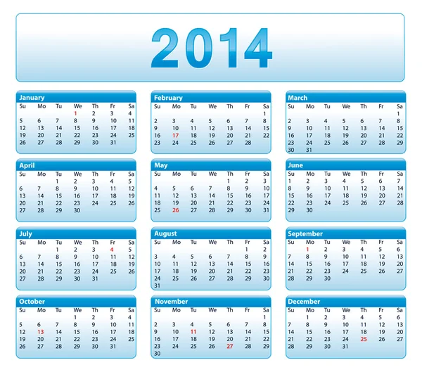 Blue 2014 calendar. American version with public holidays. — Stock Vector