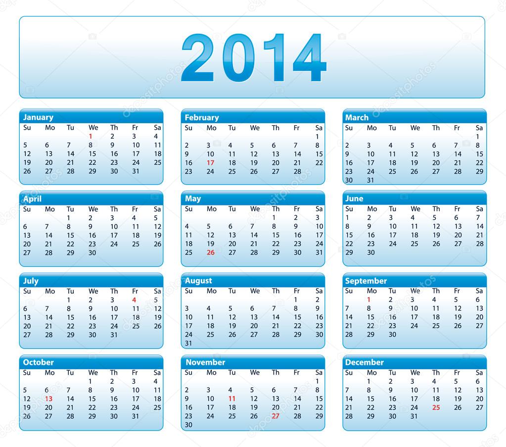 Blue 2014 Calendar American Version With Public Holidays Stock Vector