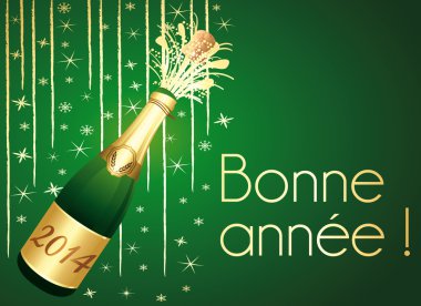 Bonne année 2014 ! Carte de voeux verte et dorée.