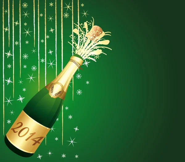 Zöld és arany ünnepi háttér 2014 üveg pezsgővel. — Stock Vector