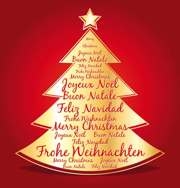 Boldog karácsonyt, több nyelven. piros vektor üdvözlés kártya-val arany karácsonyfa. — Stock Vector