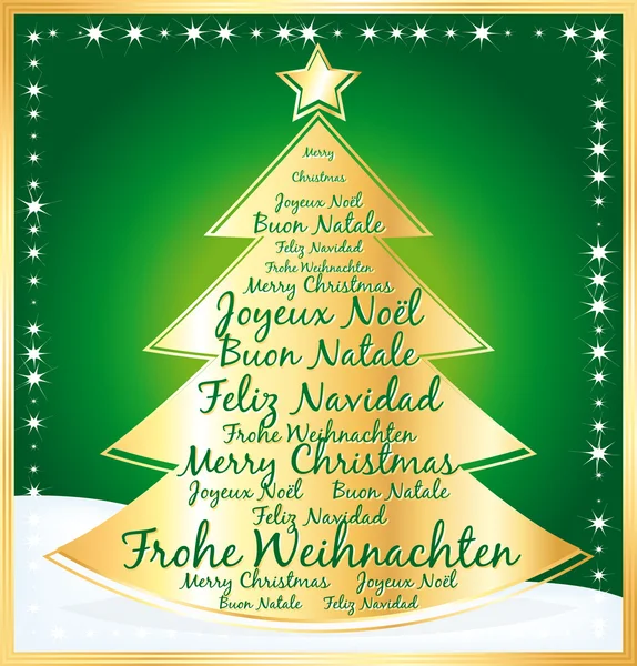 Vánoční strom s pozdravy v několika jazycích. zelený ilustrace. — Stockový vektor