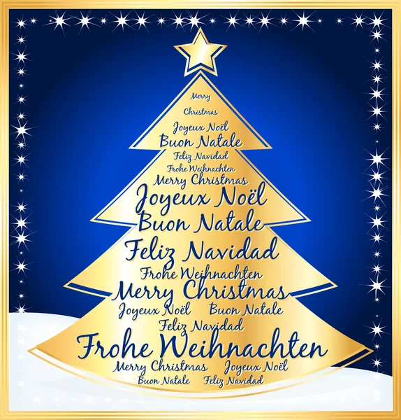 Karácsonyfa köszöntjük több nyelven. kék illusztráció. — Stock Vector