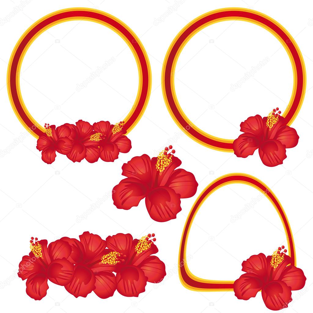 Hibiscus flowers labels set. Vector collection.