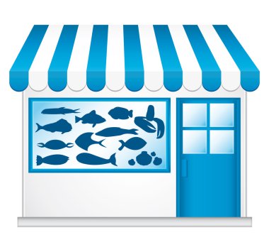 Blue fishmonger. Little cute convenience store.