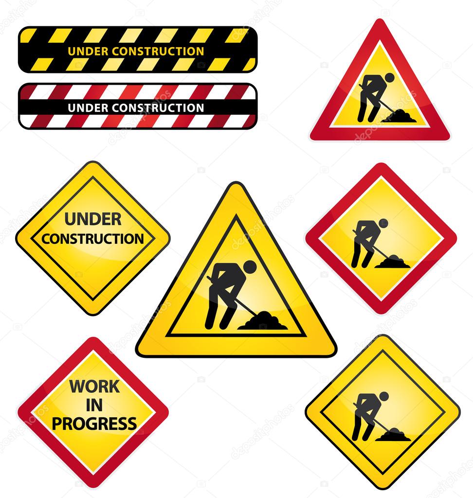Under construction or work in progress road signs. Icons set.