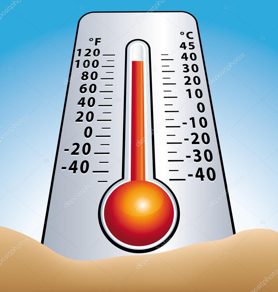 Hot temperature. Thermometer in sand.