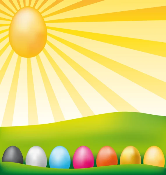 Happpy Paskalya tebrik kartı. renkli yumurta ile Bahçe peyzaj. — Stok Vektör