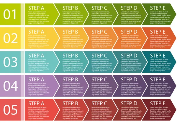 Design plat. Traiter les flèches boîtes. Ensemble de vecteurs étape par étape. Cinq étapes . — Image vectorielle