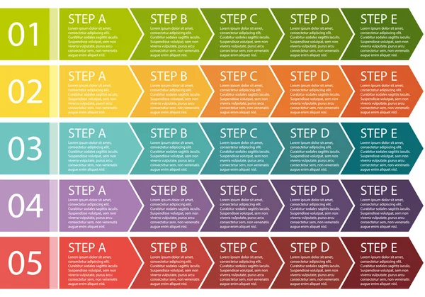 Plat ontwerp. proces pijlen dozen. stap voor stap vector set. vijf stappen. — Stockvector