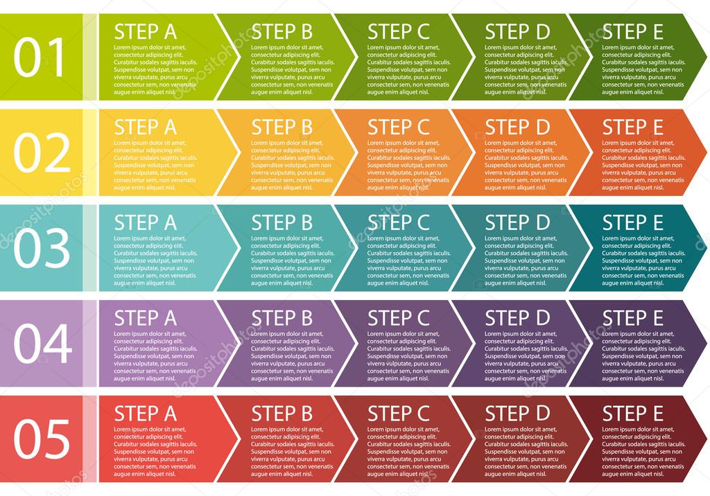 Flat design. Process arrows boxes. Step by step vector set. Five steps.