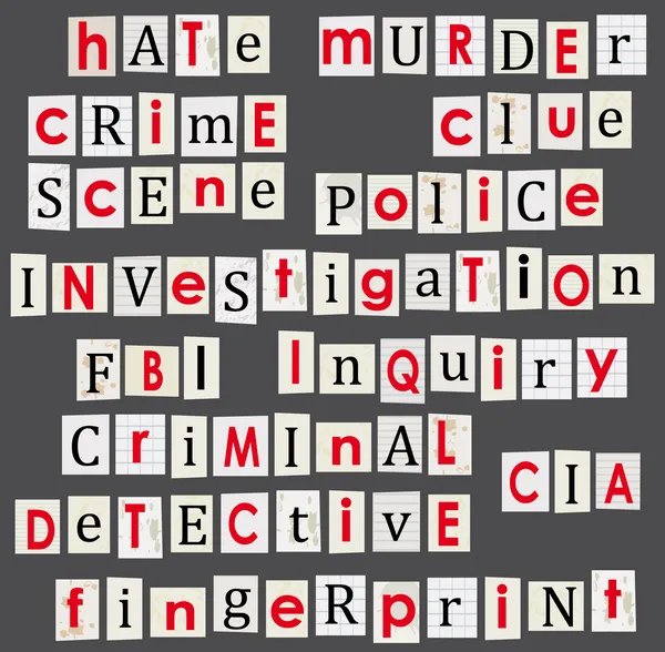 Illustrazione tematica del crimine e della scienza forense. Parole di lettera anonime . — Vettoriale Stock