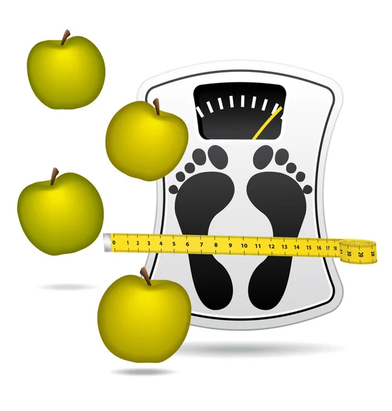 Escala de baño blanco con manzanas. Icono de concepto de dieta . — Archivo Imágenes Vectoriales