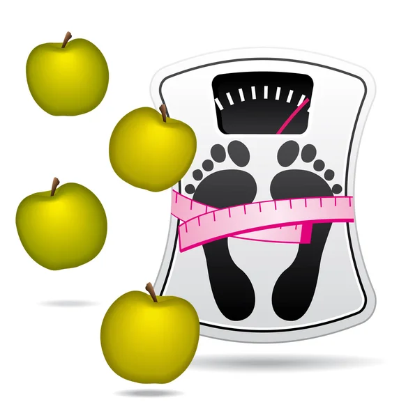 Bilancia da bagno bianca e rosa con mele . — Vettoriale Stock