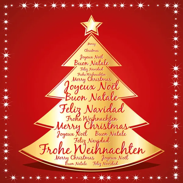 Wesołych Świąt Kartka Życzeniami Wszystkie Języki Czerwony Złoty Wektor Choinki — Wektor stockowy