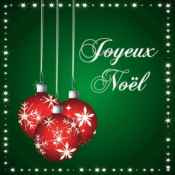 用法语写的圣诞快乐 带有装饰品的绿色和红色贺卡 — 图库矢量图片