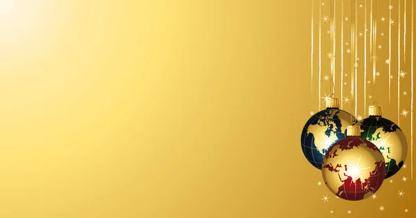 Schöne Globenkugeln Auf Einem Goldenen Weihnachtlichen Hintergrund Banner Vektorillustration — Stockvektor