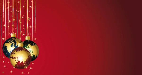 Bellissimi Globi Palle Uno Sfondo Rosso Festivo Natale Banner Illustrazione — Vettoriale Stock