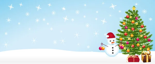 Beautiful Christmas Banner Snowman Decorate Christmas Tree Vector Illustration — 图库矢量图片