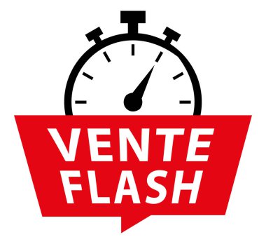 Fransızca 'da ani satış. Kronometreyle kırmızı konuşma balonu. Vektör simgesi.