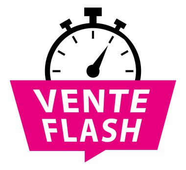 Fransızca 'da ani satış. Kronometreyle pembe konuşma balonu. Vektör simgesi.