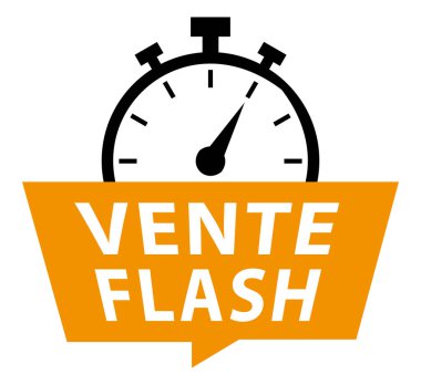 Fransızca 'da ani satış. Kronometreyle turuncu konuşma balonu. Vektör simgesi.